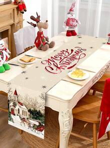 1入組聖誕主題桌布，復古鄉村風格，經典聖誕雪景，聚酯纖維桌布，35x180公分，適用於聖誕派對、家庭聚會桌面裝飾 - 米色 - 查看 1