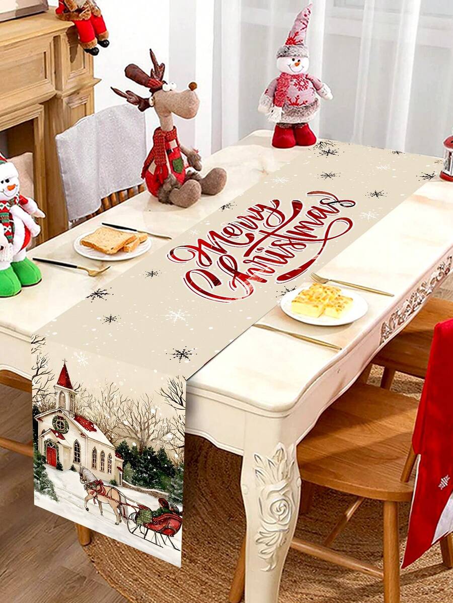 1入組聖誕主題桌布，復古鄉村風格，經典聖誕雪景，聚酯纖維桌布，35x180公分，適用於聖誕派對、家庭聚會桌面裝飾 - 米色 - 查看 1