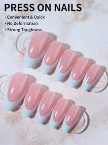 24 件中号杏仁色浅蓝色法式尖头指甲，中号完美贴合亚克力假指甲套装，包含 1 件果冻胶和 1 件指甲锉，夏季指甲和法式尖头指甲，适合女性和女孩 DIY 日常工作学习和派对使用美甲用品 - 彩色 - 查看 2