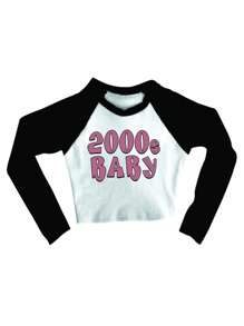 Winter Cropped Raglan Feminino Tumblr Blogger 2000's Baby / Bebe From The 2000s Female Long Sleeve - 黑與白 - 查看 1