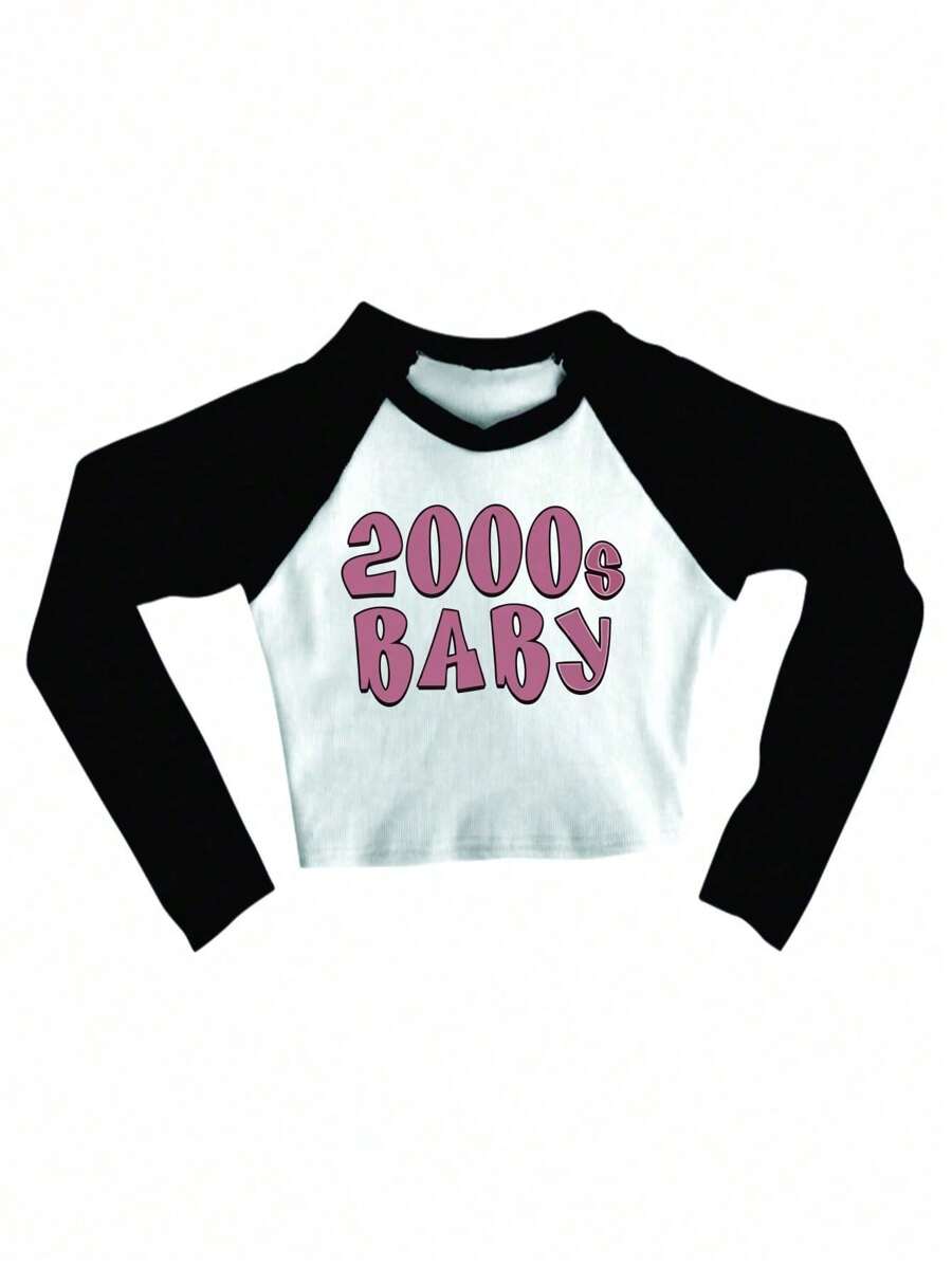 Winter Cropped Raglan Feminino Tumblr Blogger 2000's Baby / Bebe From The 2000s Female Long Sleeve - 黑與白 - 查看 1