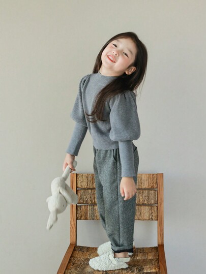 Young Girl Solid Color Puff Sleeve Sweater Top, Winter