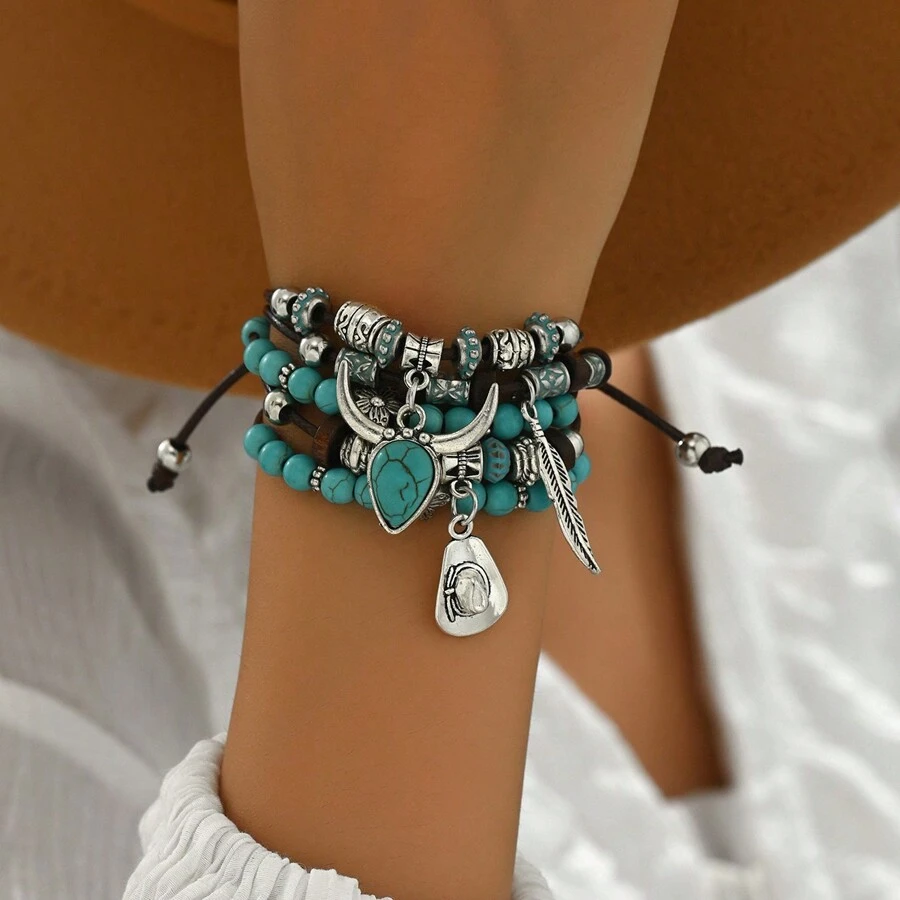 1pc Bohemian Style Cow Head & Leaf Beaded Bracelet For Women - Blue - View 1