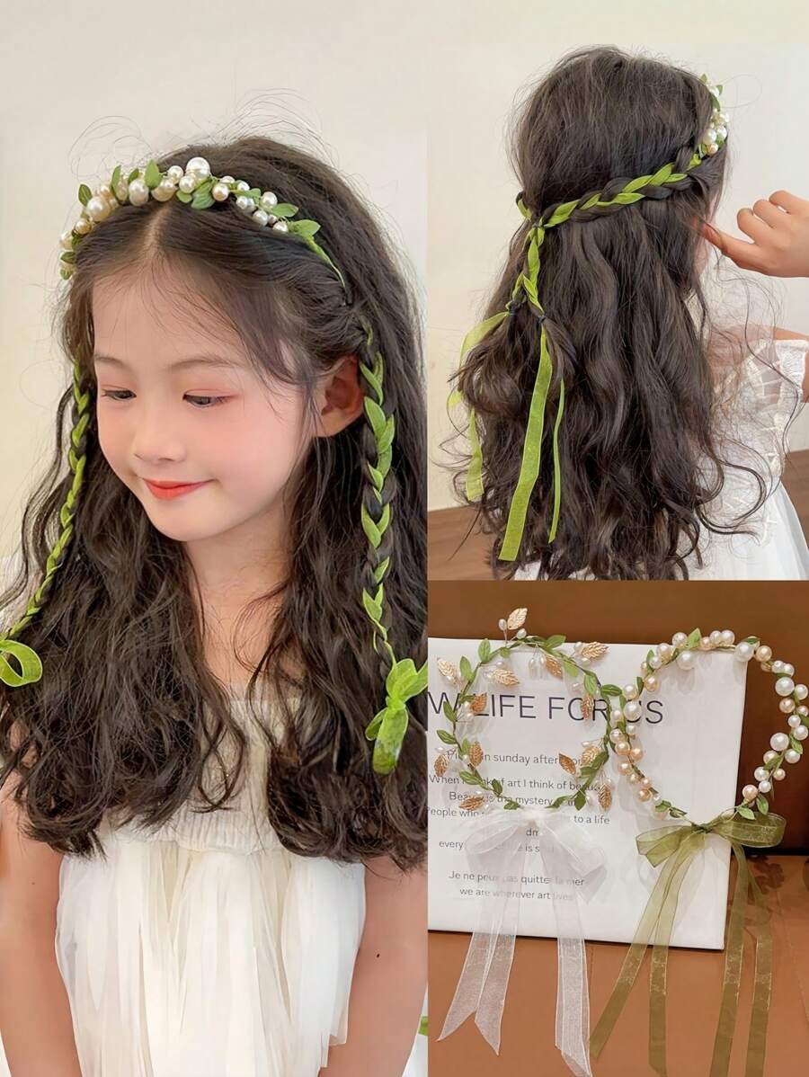 1 pieza Diadema con flor de perla ajustable para niñas con cinta, multiusos para fiesta, actuación, cumpleaños, escuela, sesión de fotos