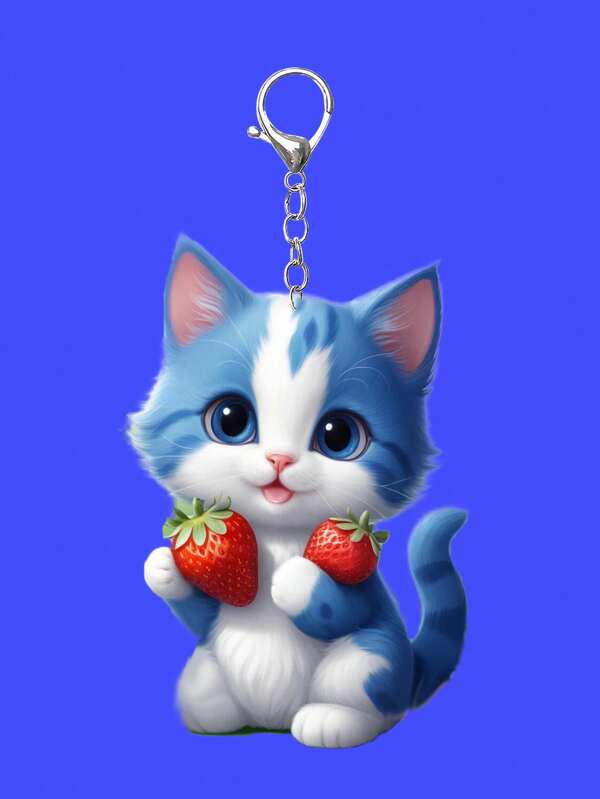 1 pieza Lindo llavero de acrílico con gato y fresa, clip de bolso con decoración de dibujos animados 2D, regalo para amigos, accesorio de coche colgante, dije para bolso Día de San Valentín, accesorio para mochila escolar