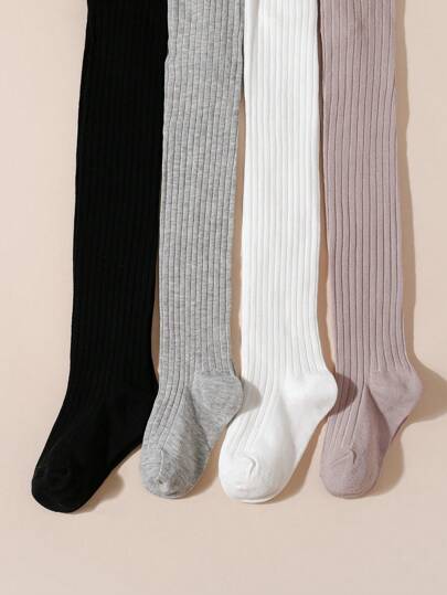 4pcs Girls Vertical Stripe Solid Color Tights, Suitable For Daily Wear All Seasons