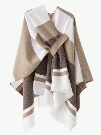 1 件女士披肩时尚经典条纹拼色图案风衣带纽扣开合，秋冬季保暖外套配饰女士