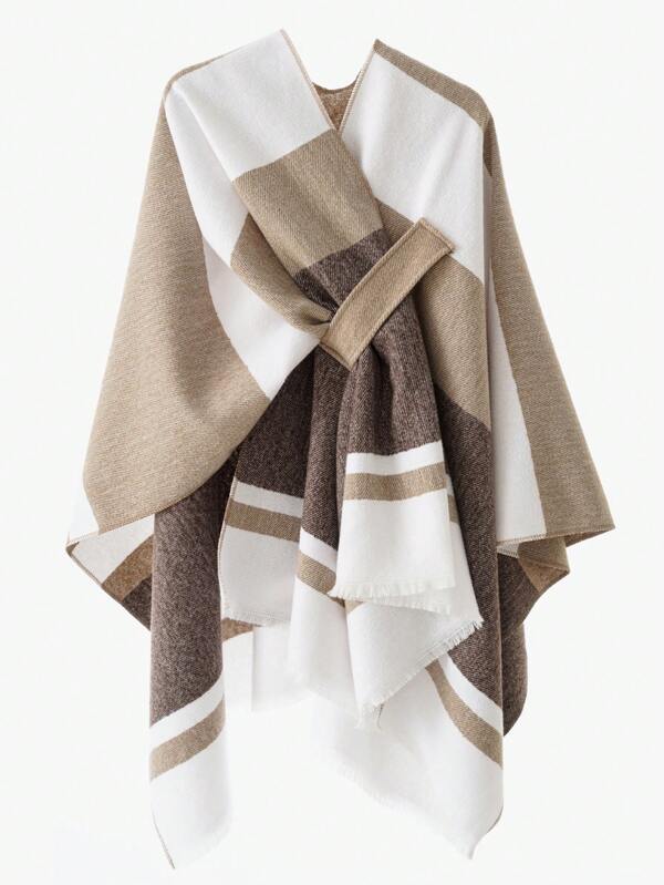 1pc Women Shawl Fashionable Classic Striped Colorblock Pattern Windbreaker With Button Closure, Warm Outerwear For Autumn And Winter Accessories Women