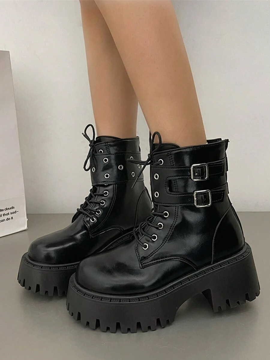 2024 Mới Màu Nâu Retro Nền Tảng Giày Bốt Cho Nữ, Đế Dày Chun Cổ Ngắn Cổ Điển Giày Bốt, Mùa Hè - màu đen - Xem 1