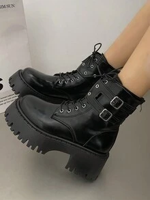 2024 Mới Màu Nâu Retro Nền Tảng Giày Bốt Cho Nữ, Đế Dày Chun Cổ Ngắn Cổ Điển Giày Bốt, Mùa Hè - màu đen - Xem 2