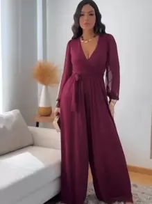 Long Pantaloon Jumpsuit In Light, Loose Printed Tulle - Redwood - View 2