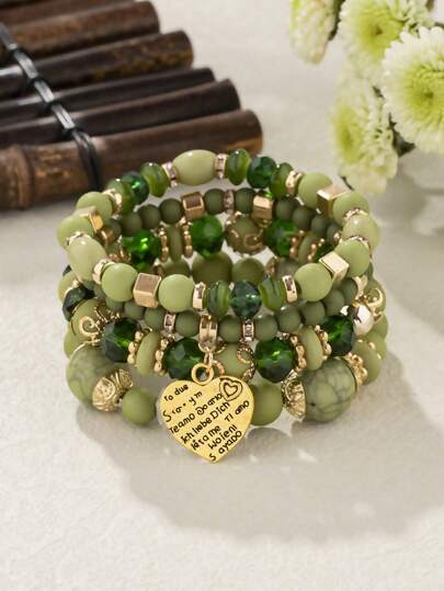4件套波西米亚风心形吊坠绿色多层串珠手链套装（女士款）