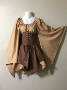 2 件套复古中世纪拼色喇叭袖系带腰连衣裙，适合万圣节、化装舞会或日常穿着 - A - 查看 3