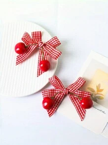 2 件儿童红色领带女孩樱桃布蝴蝶结发夹甜美姐妹双面夹可爱头饰单线夹蝴蝶结发夹 - 紅色 - 查看 4