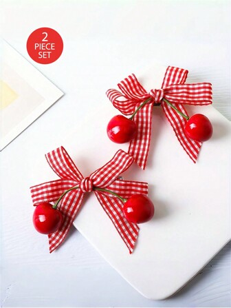 2pcs Children's Red Tie Girl Cherry Fabric Bow Hair Clip Sweet Sister Double Side Clip Cute Headdress One-Line Clip Bow Hair Clip