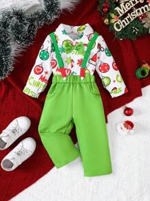 2 Stücke Weihnachts-Outfit für Neugeborene Jungen mit durchgehendem Muster Hemd mit Schleife und einfarbiger Hosenträger Hose - Grün - Übersicht 1