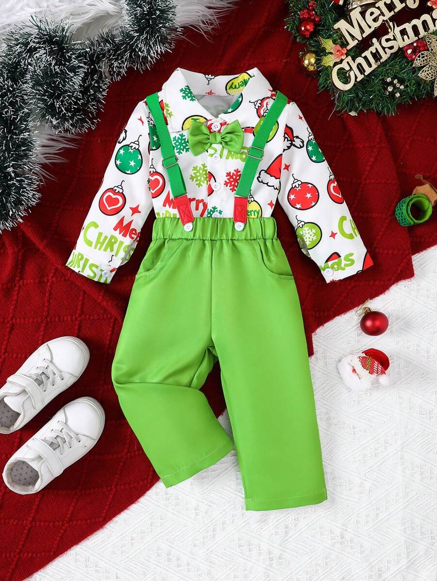 2 Stücke Weihnachts-Outfit für Neugeborene Jungen mit durchgehendem Muster Hemd mit Schleife und einfarbiger Hosenträger Hose - Grün - Übersicht 1