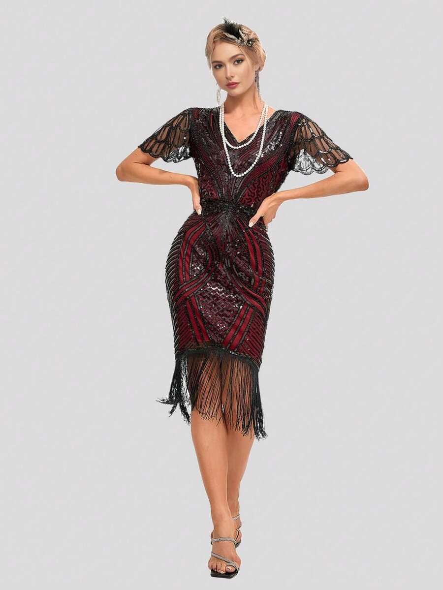 1920s Vintage Fringe Bodycon Cocktail Dress, Sequin Party Gown - Burgundy - View 1