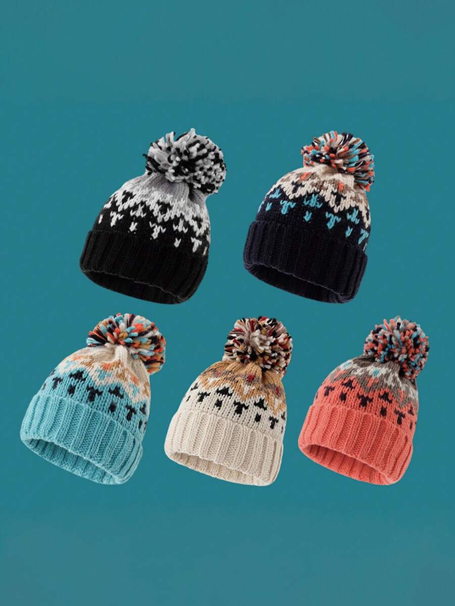 1 件女士彩色毛球针织帽，时尚耳暖帽，秋冬季圣诞节保暖头饰