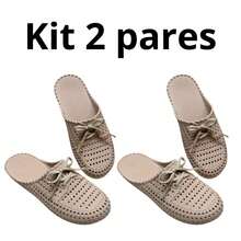 KIT 2 PAIRS Women's Mule Flat Shoes Round Toe With Lace Detail - 米色/米色 - 查看 2