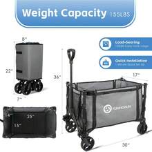 Heavy Duty Collapsible Wagon Carts, Compact Foldable Utility Wagon With Versatile Canvas For Grocery, Camping, Shopping, Garden, Sports, Load Up To 155LBS/120L, Black - Xám - Xem 6