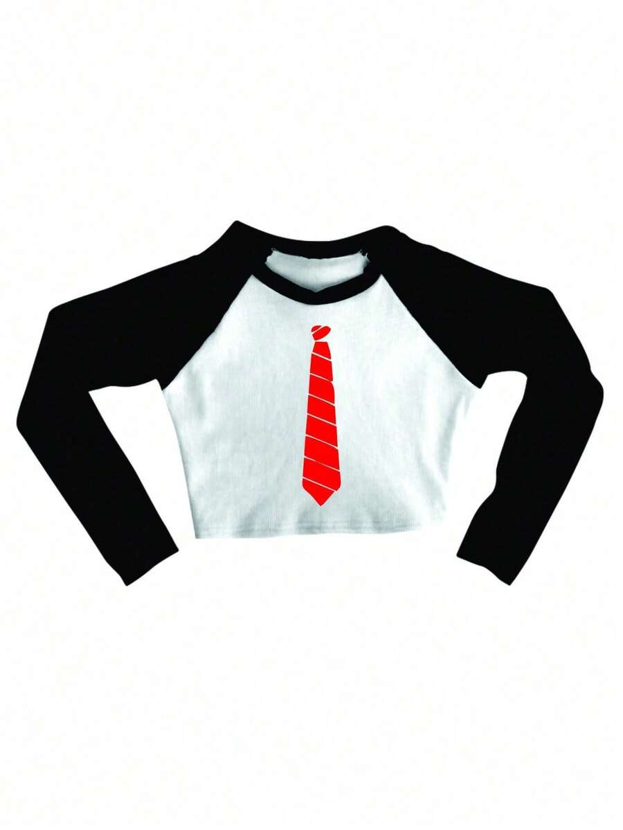 Winter Cropped Raglan Feminino Tumblr Blogger RBD Rebelde Women's Long Sleeve Tie - 黑與白 - 查看 1