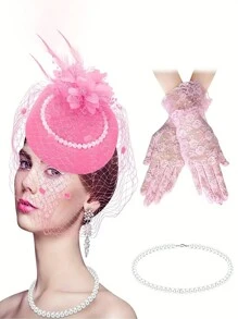 1 套女士经典时尚人造珍珠项链、蕾丝手套、发夹、迷你帽子和羽毛配饰装饰套装，多色可选，婚礼、派对、拍照、万圣节、圣诞节、生日礼物必备成年女性服装 - 彩色 - 查看 15