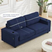 86.5″ Oversized Loveseat Sofa Couch, Deep Seat Sofa With Storage, Cup Holders & USB Charging Ports, Modern Corduroy 3 Seater Couch For Living Room Bedroom Apartment Small Space - Màu xanh lam - Xem 5