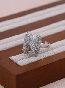 KEJIALAI 1pc New Luxury Big Exaggerated Hip-Hop Style A-Z 26 Letter Ring, Copper Micropavé CZ Plated Platinum Men Women Initial Name Letter Ring - Letter - View 30