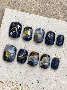 10 Pcs Luxury Handmade Press On Nails Short Oval False Nails Marble Smudge Design False Nails With 3-Piece Tool Adhesive Nail Glue Tabs Suitable For The Daily Life Of Ladies And Girls. Nail Supplies Nails - Black - View 1