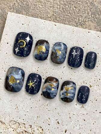 10 片奢华手工按压式短椭圆形假指甲大理石晕染设计假指甲，含 3 件套工具粘合剂指甲胶片，适合女士和女孩的日常生活。美甲用品