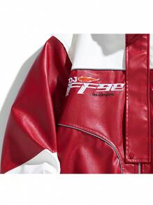Men's Embroidered Motorcycle PU Leather Patchwork Red & White Color Block Stand Collar Jacket