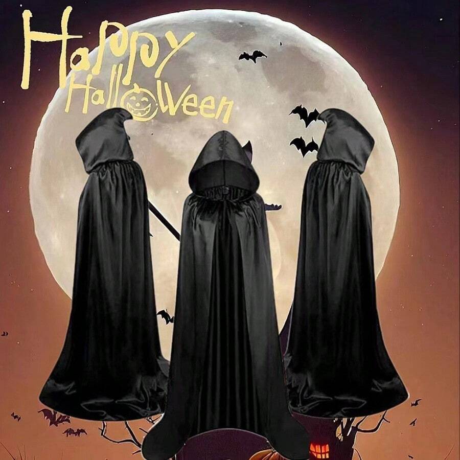 1 pièce Cape noire de la Mort pour Halloween, costume de sorcière, de diable, de vampire pour soirée déguisée. Cape à capuche longue et unisexe pour l'Halloween, le Noël et l'automne