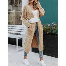 Women's Long Cardigan Coats Cable Knit Casual Open Front Long Sleeve Loose Sweater With Pockets