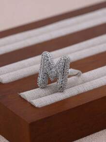 KEJIALAI 1pc New Luxury Big Exaggerated Hip-Hop Style A-Z 26 Letter Ring, Copper Micropavé CZ Plated Platinum Men Women Initial Name Letter Ring - Letter - View 10