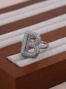 KEJIALAI 1pc New Luxury Big Exaggerated Hip-Hop Style A-Z 26 Letter Ring, Copper Micropavé CZ Plated Platinum Men Women Initial Name Letter Ring - Letter - View 8
