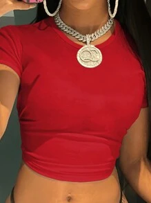 Christmas Solid Color Women Casual Short Sleeve Cropped Top - Red - View 5