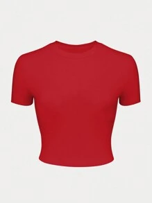 Christmas Solid Color Women Casual Short Sleeve Cropped Top - Red - View 3