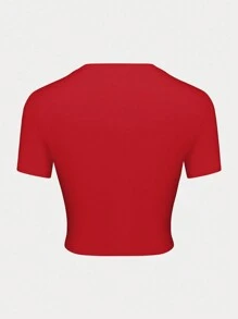 Christmas Solid Color Women Casual Short Sleeve Cropped Top - Red - View 4