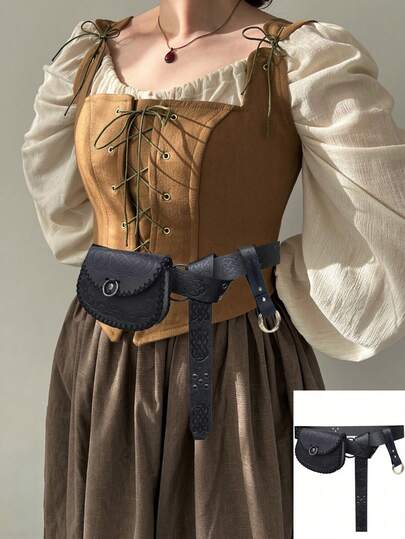 3pcs Black Retro Dark Pattern Design Waist Bag Set Women's Medieval Costume Accessories, Renaissance Role Costume Prop Accessories Halloween