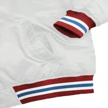 Men Solid Varsity Bomber Jacket Waterproof Fall Winter Summer Lightweight All Season Striped Trim Slant Pockets Baseball Jacket Snap Button - White - View 5