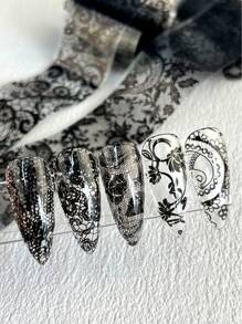 10 rouleaux/boîte Papier transfert de foils de dentelle noire pour ongles. Autocollants d'art pour ongles sexy avec motifs de dentelle et rayures. Décalcomanies pour la décoration des ongles