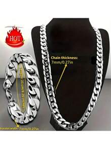 2 件/套男女通用不锈钢链式项链和手链组合 - 大胆叛逆的嘻哈朋克摇滚 NK 情侣首饰 - 銀色 - 查看 7