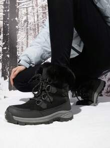 Women's Snow Boots Cozy Warm Insulated Lace Up Mid-Calf Waterproof Walking Hiking Festival Outdoor Black Winter Boots - 黑色 - 查看 1