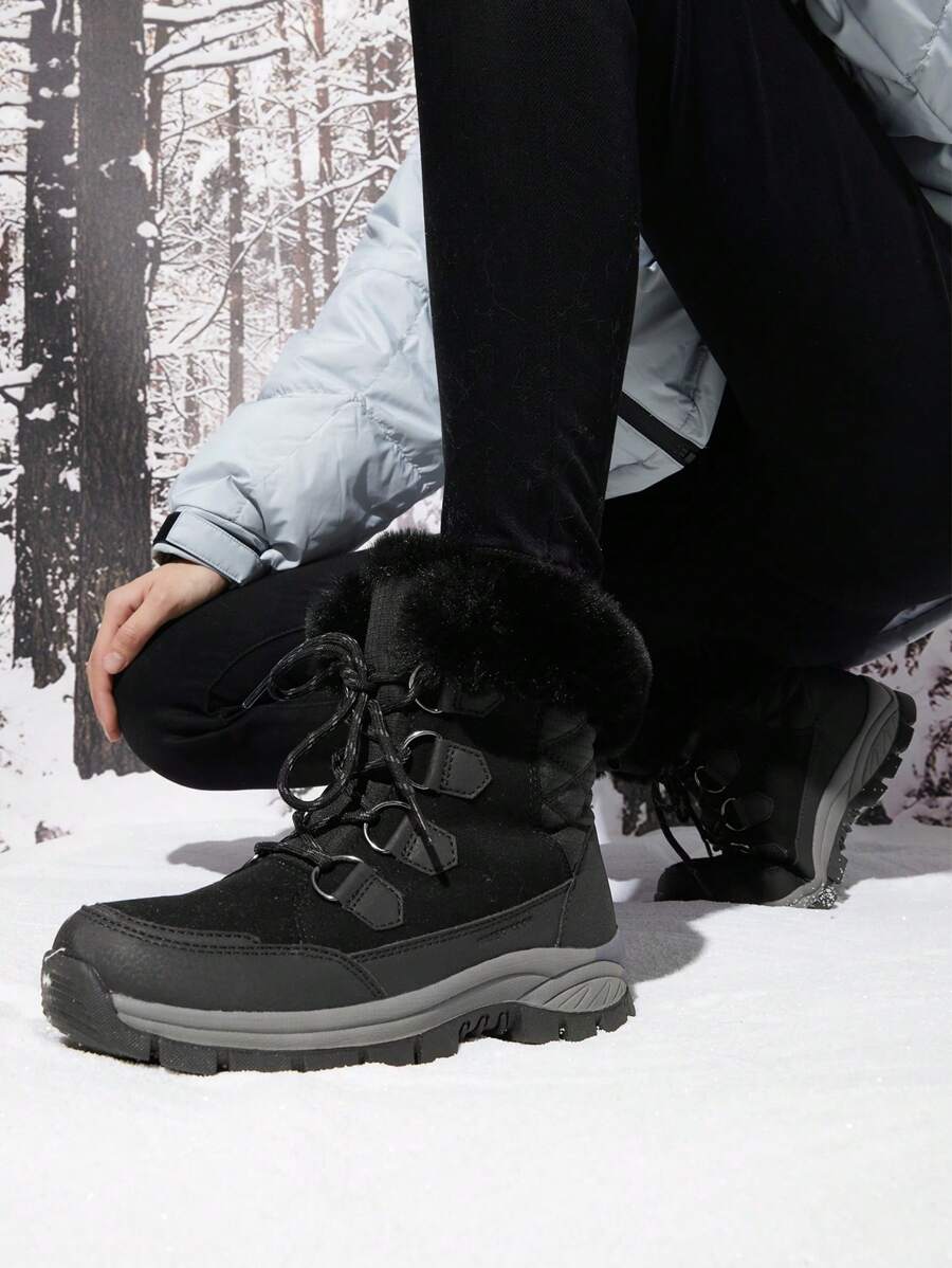 Women's Snow Boots Cozy Warm Insulated Lace Up Mid-Calf Waterproof Walking Hiking Festival Outdoor Black Winter Boots - 黑色 - 查看 1