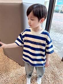 Soft & Cozy  Young Boys Wide Striped Short Sleeve T-Shirt - Blue and White - View 1