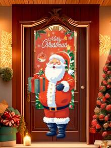 1pc 38.5x96cm Christmas Theme Polyester Hanging Flag, Vividly Displaying A Gnome Wearing A Red Polka Dot Hat, Suitable For Christmas Holiday Door Frame Decoration, Garden Flag Decoration, Living Room Decoration, Polyester Material, The Cute Gnome Holding A Gift, Surrounded By Snowflakes, Paired With A Festive Red Background And The Prominent "MERRY CHRISTMAS" Text. - Santa Claus - View 5