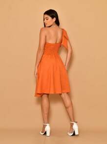 Short Luxury Lisa Duna Linen Dress With Bow One Shoulder - 橘色 - 查看 5