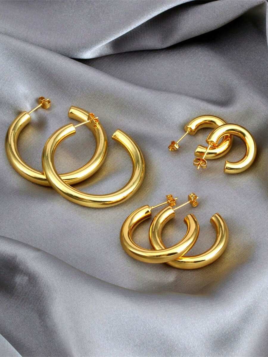 一对女士金色简约时尚圆形耳环，304L 不锈钢镀金耳环。 - 金黃色 - 查看 1