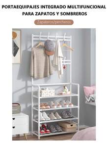 1 pc Nuevo conjunto integrado de estante de zapatos y sombreros, perchero y colgador de ropa para el piso, estante de zapatos de entrada, perchero para el hogar y colgador de ropa - Blanco - Ver 1
